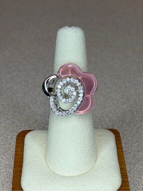Camille Lucie Pink Lucite Floral Spiral Crystal Statement Ring